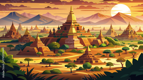 The Ruins of Bagan in Myanmar stretch across dry plains, dotted with thousands of ancient stupas and pagodas under golden light, forming an iconic cultural panorama for vector artworks.