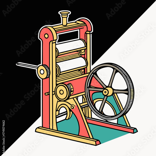 Colorful vector printing press machine with crank and wheel
