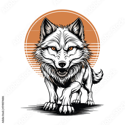 White wolf with intense yellow eyes. Aggressive canine creature with sunset circle background. Predatory animal for print. T-shirt Design for wildlife enthusiasts.