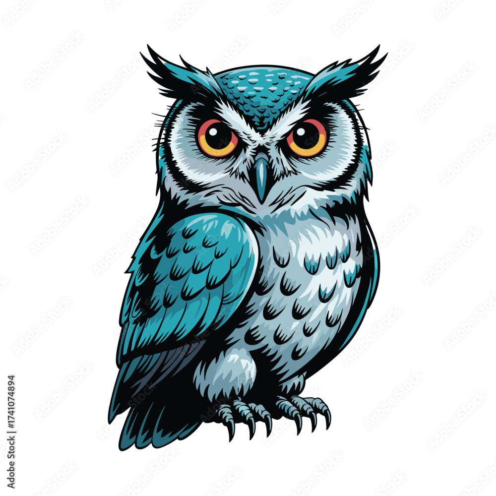 Fototapeta premium Intelligent owl perched, rendered in shades of blue and grey with bold orange eyes. Detailed plumage and thoughtful expression. Excellent for T-shirt Design, nature themes, or wisdom concepts.