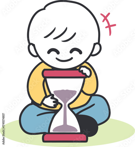 Happy Boy Sitting and Watching Sand Flow in Hourglass. Perfect for concepts of time, patience, childhood, education, learning, and cartoon character designs