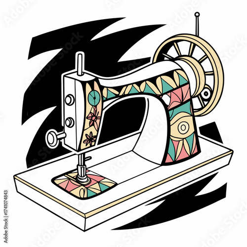 Colorful vintage sewing machine with geometric patterns