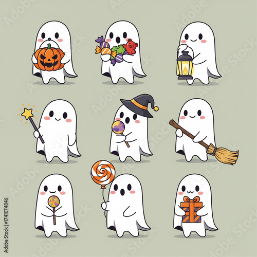 A group of cute ghosts are holding various Halloween themed items in a spooky yet friendly scene with pumpkins and sweets.