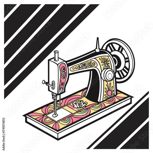 Colorful vintage sewing machine with floral patterns