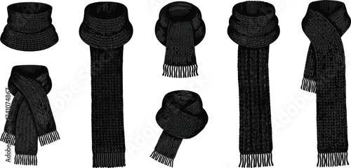 Black knitted scarves in six stylish arrangements, showcasing diverse textures, knots, and fashion-forward ways to wear winter accessories