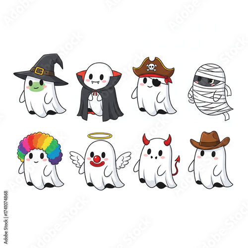 A group of cartoon ghosts dressed in various Halloween costumes including a witch hat and pirate hat are depicted in a playful and humorous scene.