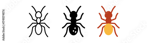 Simple ant designs: outline, solid, and colorful variations