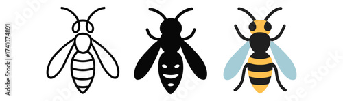 Three styles of wasp icons: outline, silhouette, and colorful flat design