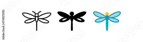 Trio of dragonfly icons in minimalist and colorful designs