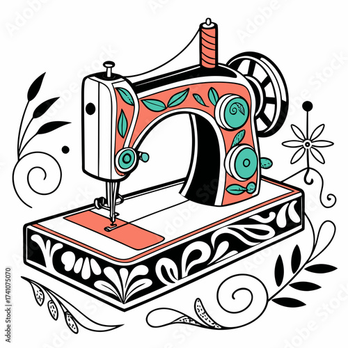 Coral and teal vintage sewing machine with floral accents