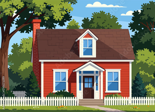 "Quaint Red Cottage in Lush Summer Garden"