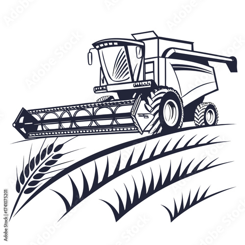 Dark blue combine harvester in wheat field vector graphic
