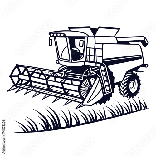 Dark blue combine harvester in field vector agriculture