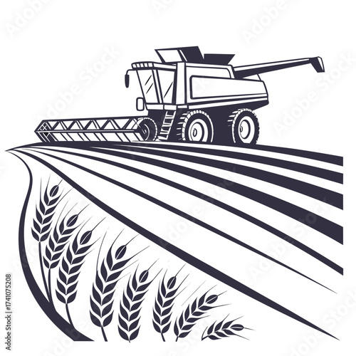Dark blue combine harvester on wheat field vector agriculture