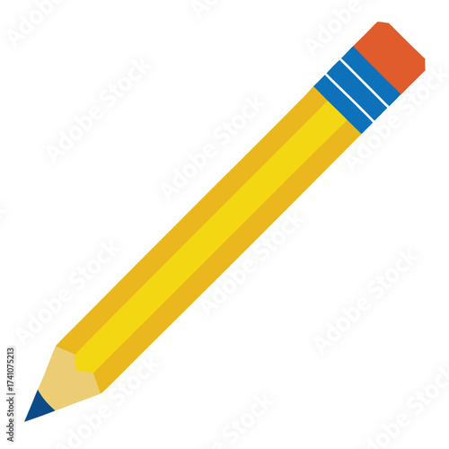 Vector art of a vibrant yellow pencil with a blue tip and pink eraser, , perfect for illustrating school supplies, writing, drawing, or educational concepts in a clean and simple style