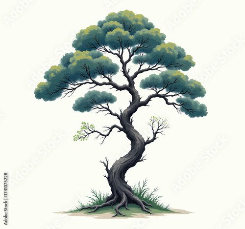 Ancient Bonsai Tree on Rocky Hill with Twisted Roots