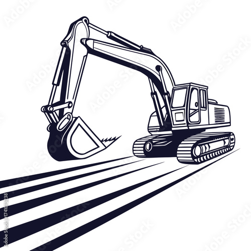 Dark blue excavator machine on white background with motion lines