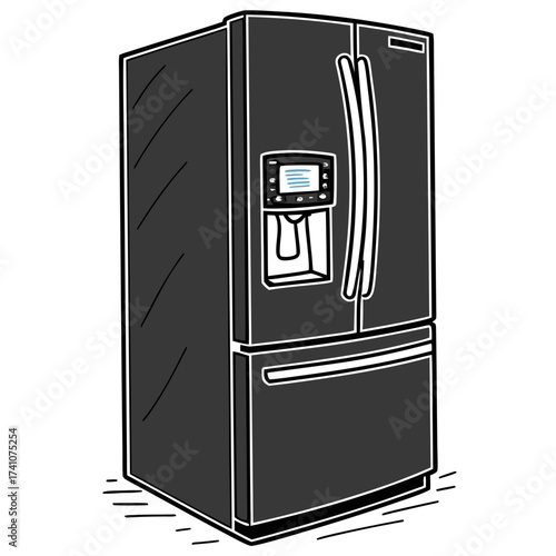 Dark gray refrigerator with electronic display and ice dispenser