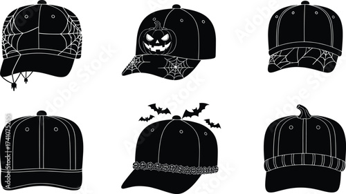 Halloween baseball caps with spooky designs, spider webs, pumpkins, skulls, bats, festive headwear for costume fashion and seasonal decoration