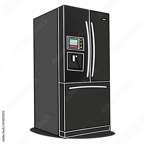 Dark gray refrigerator with electronic display and water dispenser