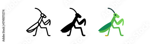Praying mantis design set: outline, silhouette, and colorful styles