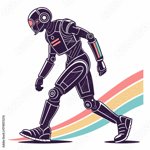 Dark purple robot walking with colorful stripes android