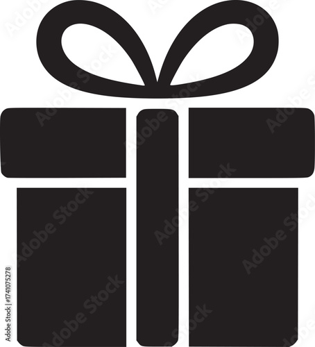A black gift box icon with a bow on a white background representing a present or special occasion design
