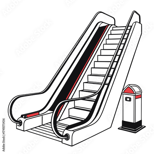 Escalator with red accents and trash bin stairs transport