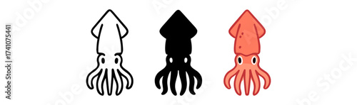 Creative squid icons in black, white, and colorful designs