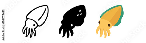 Set of abstract squid icons in minimalist, silhouette, and flat styles