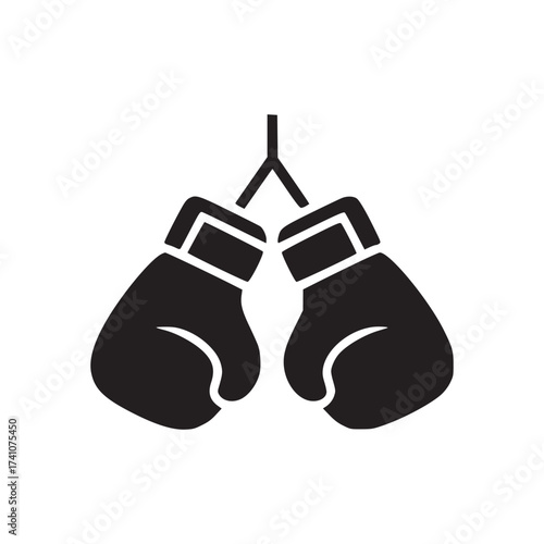 A simple graphic of two dark boxing gloves hanging on a white background in a minimalist style design