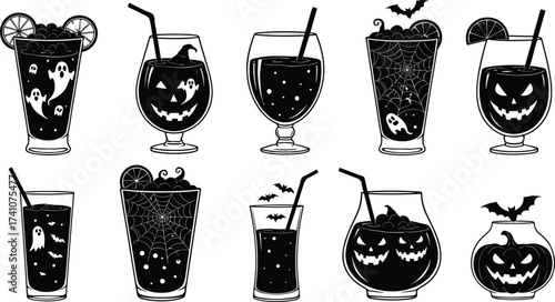 Halloween drinks with spooky decorations, ghosts, bats, pumpkins, eyeballs, festive cocktail glasses for party design and seasonal celebration