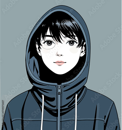 Anime Youth in Hoodie, Serene Expression, Blue Background