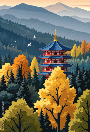 Autumnal Temple in Mountain Forest
