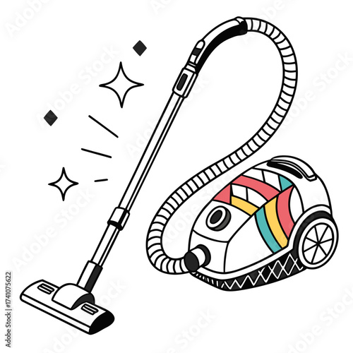 Hand drawn vacuum cleaner with colorful accents and sparkles