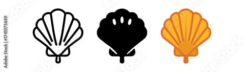 Stylized sea shells: outline, silhouette, and filled designs in a triple view