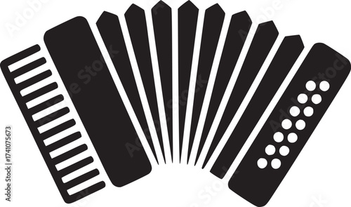 A graphic illustration of a black accordion on a white background in a simple and minimalist style