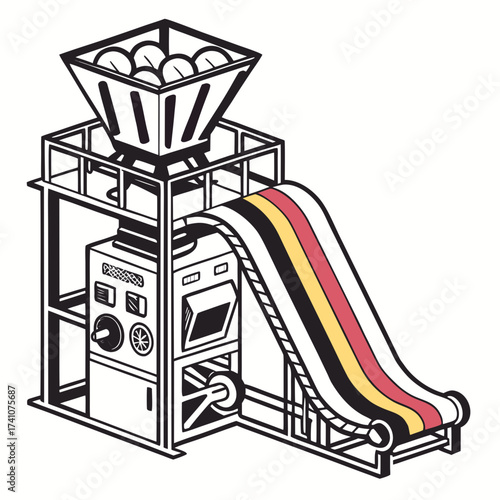 Industrial conveyor belt with colorful stripes and hopper