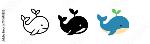 Set of whales in outline, silhouette, and colorful cartoon style