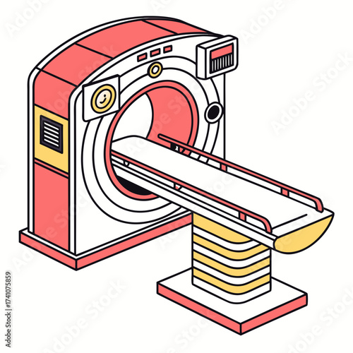 Isometric medical scanner machine with coral and yellow accents