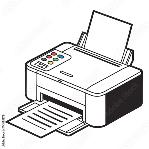 Isometric printer with colorful buttons and paper output