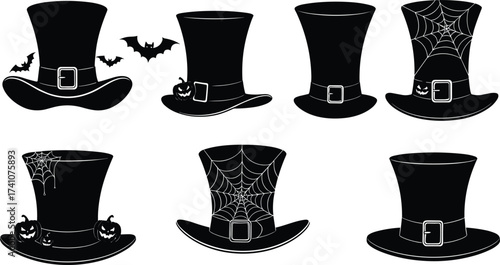 Halloween top hats with spooky decorations, pumpkins, bats, spider webs, festive costume accessories, creepy cute headwear for seasonal design