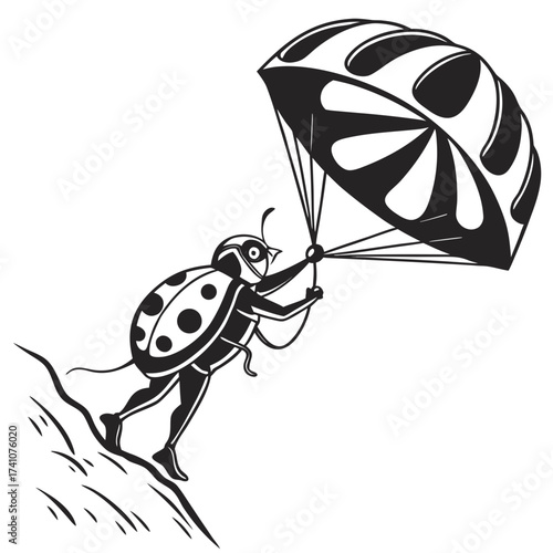 Ladybug parachuting with black and white parachute