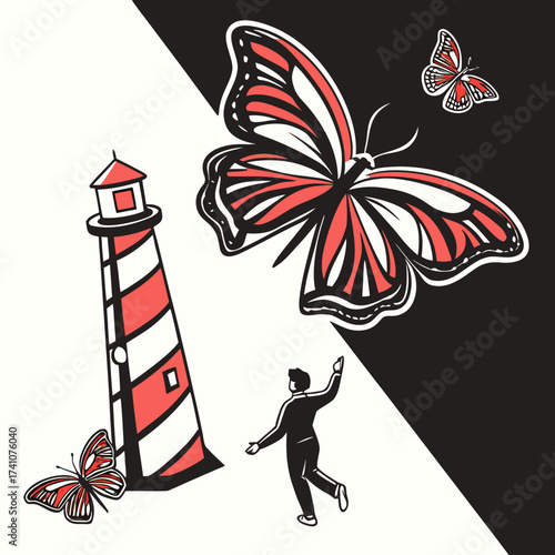 Lighthouse and butterflies on black and white background