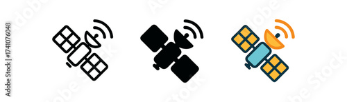 Satellite icons in flat, outline, and solid styles with signal waves