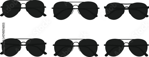 Set of classic aviator sunglasses silhouettes and outline icons, stylish retro pilot eyewear for fashion, summer, travel, and accessory designs