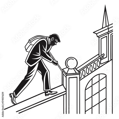 Man in suit walking on rooftop with bag and pole vector