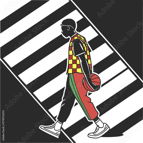 Man with basketball crossing black and white striped road