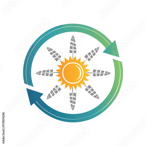 A circular logo with a central sun surrounded by solar panels, enclosed by green and blue recycling arrows, symbolizing renewable energy.