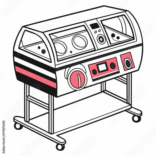 Neonatal incubator with pink accents and controls baby